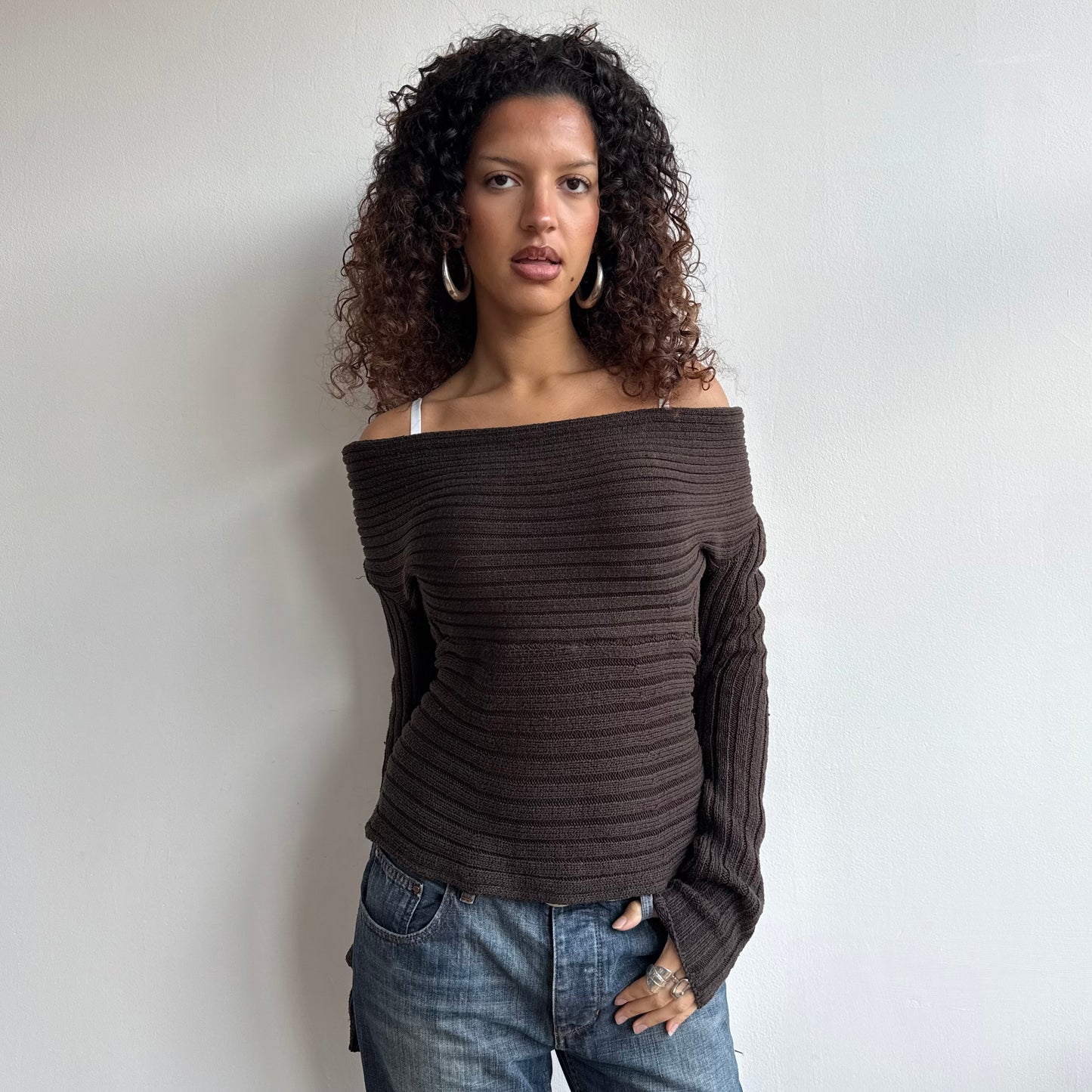 Brown chunky knit Bardot jumper - Size M