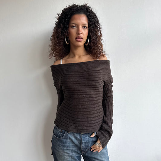 Brown chunky knit Bardot jumper - Size M