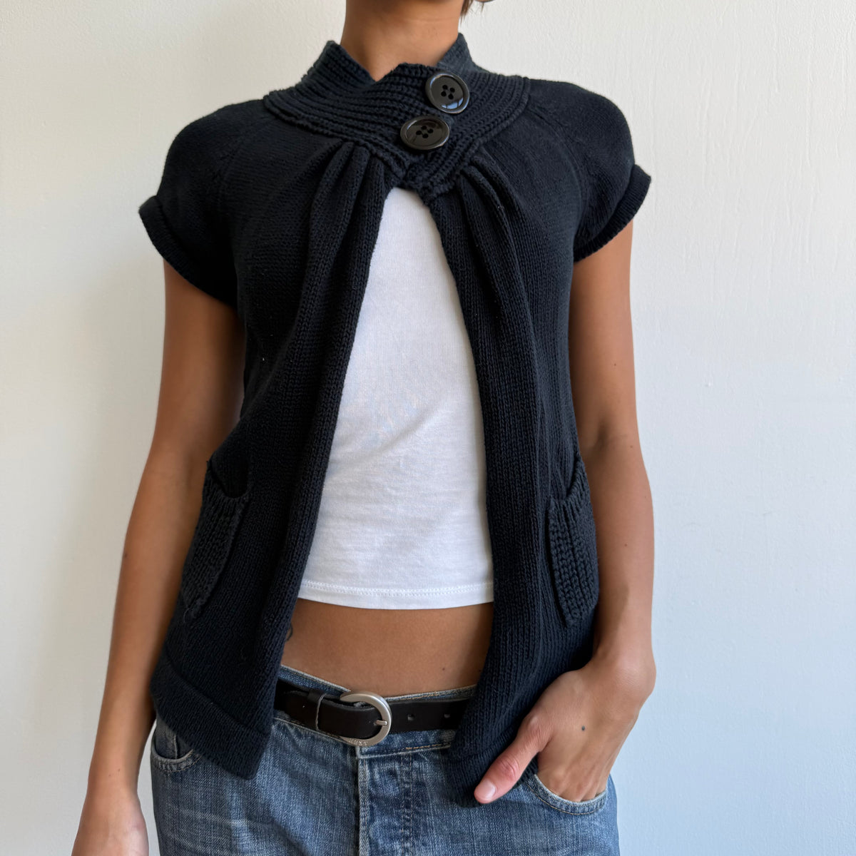 Navy button neck knit jumper - Size M