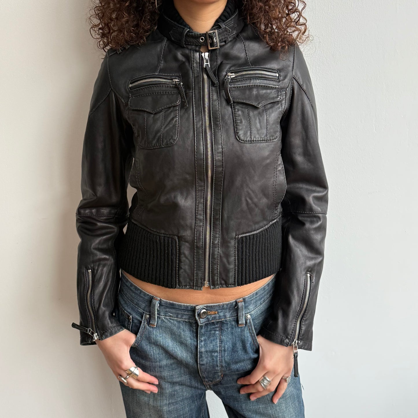 Black buckle neck leather jacket - Size S + S/M
