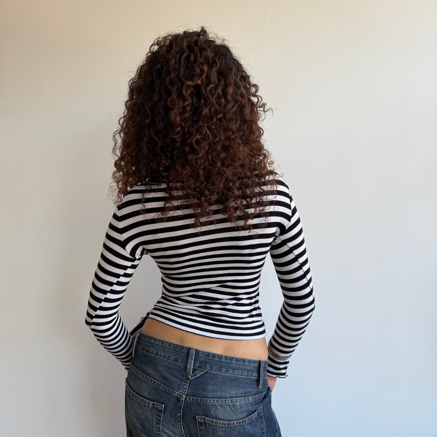Black + white striped long sleeve wrap top - Size S