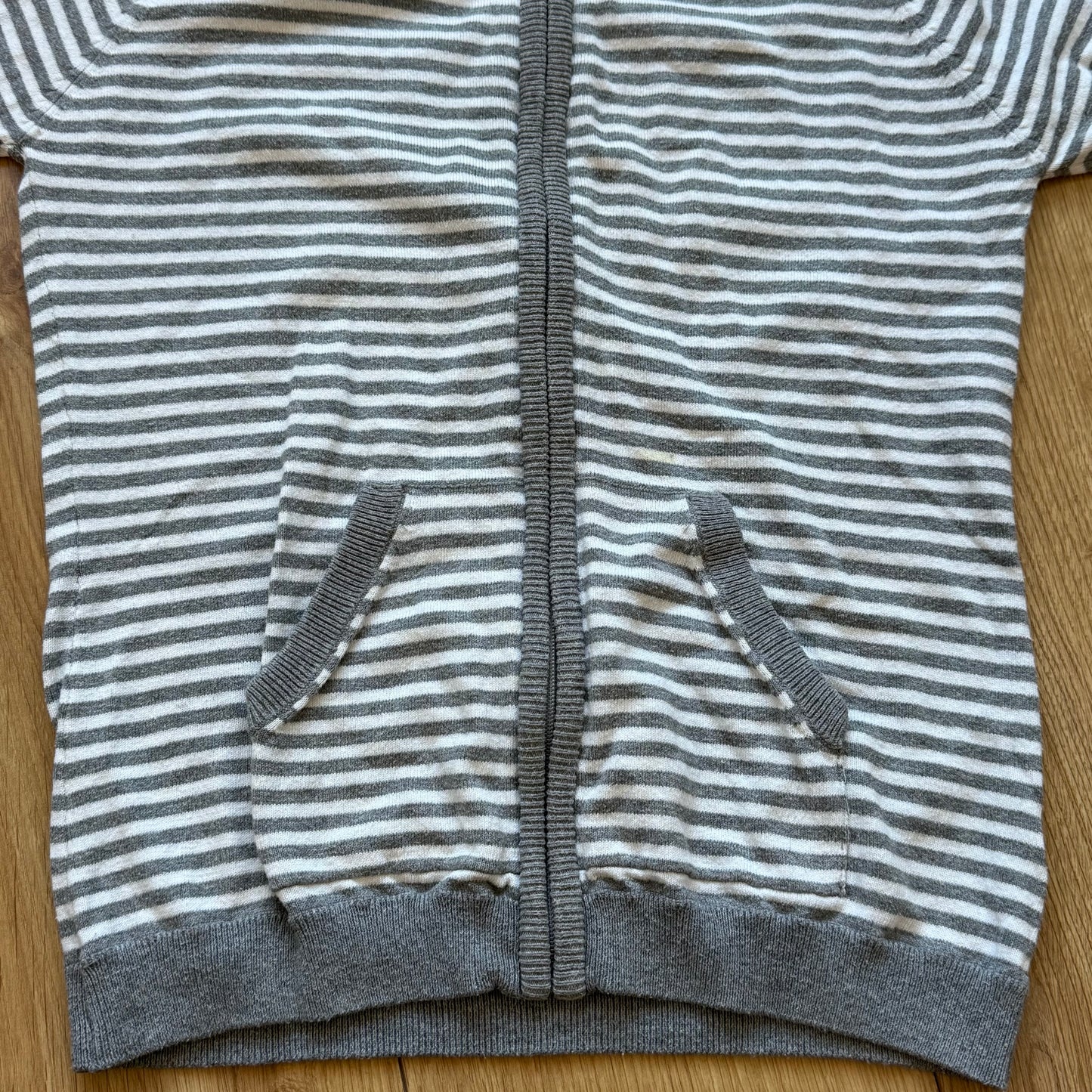 Grey + white striped knit hoodie - Size XS, S + M