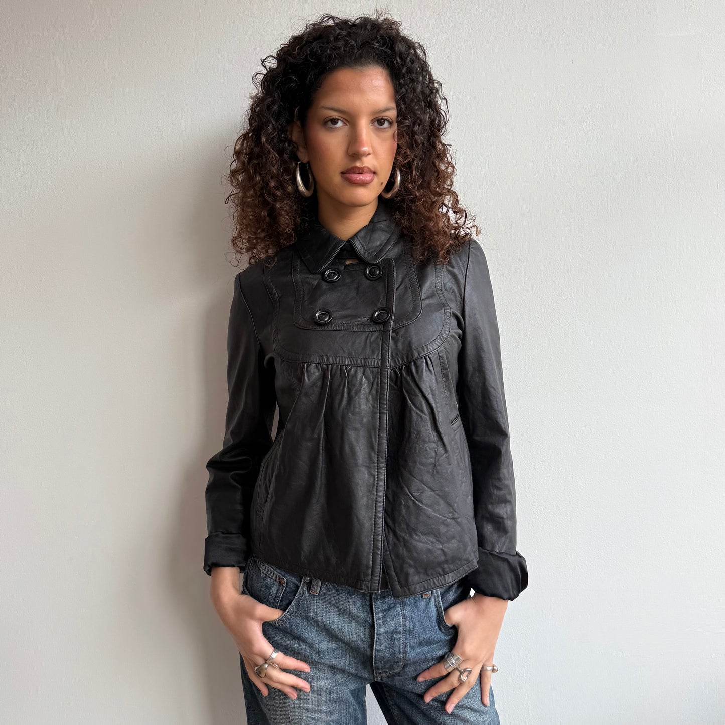 Black leather peacoat - Size M