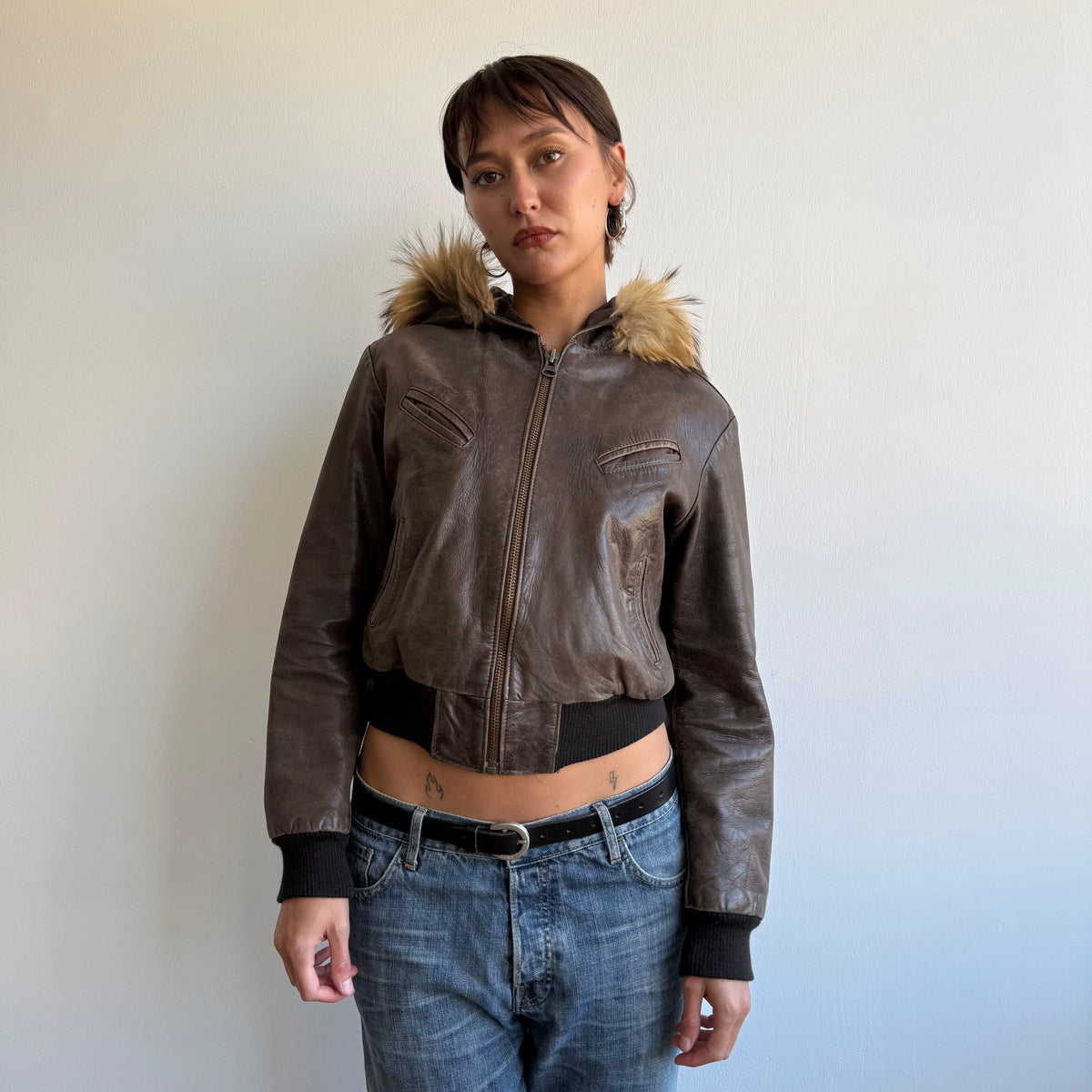 Brown leather fur hood bomber - Size S/M