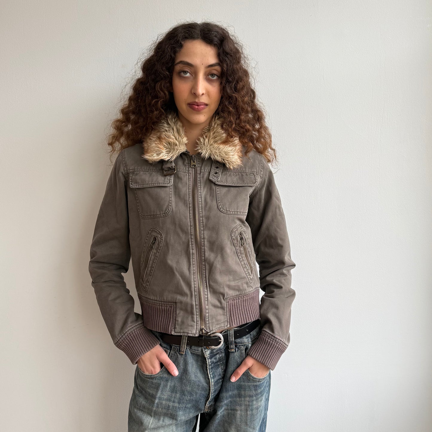 Brown fur collar bomber - Size S