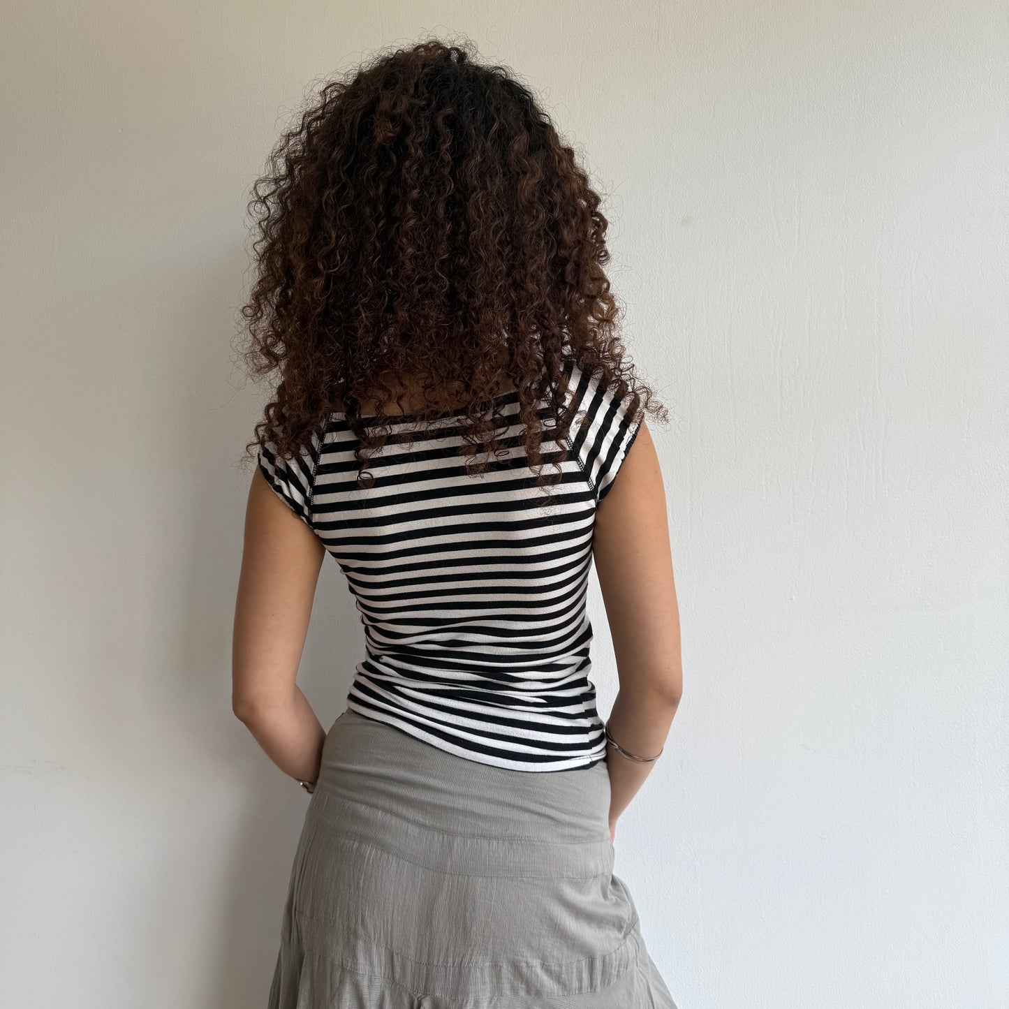 Black+ white striped button top - Size S