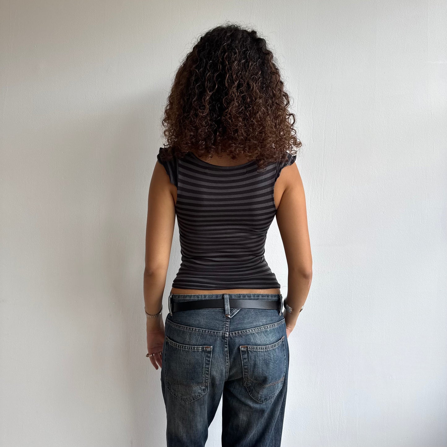 Black + grey stripe wrap top - Size S