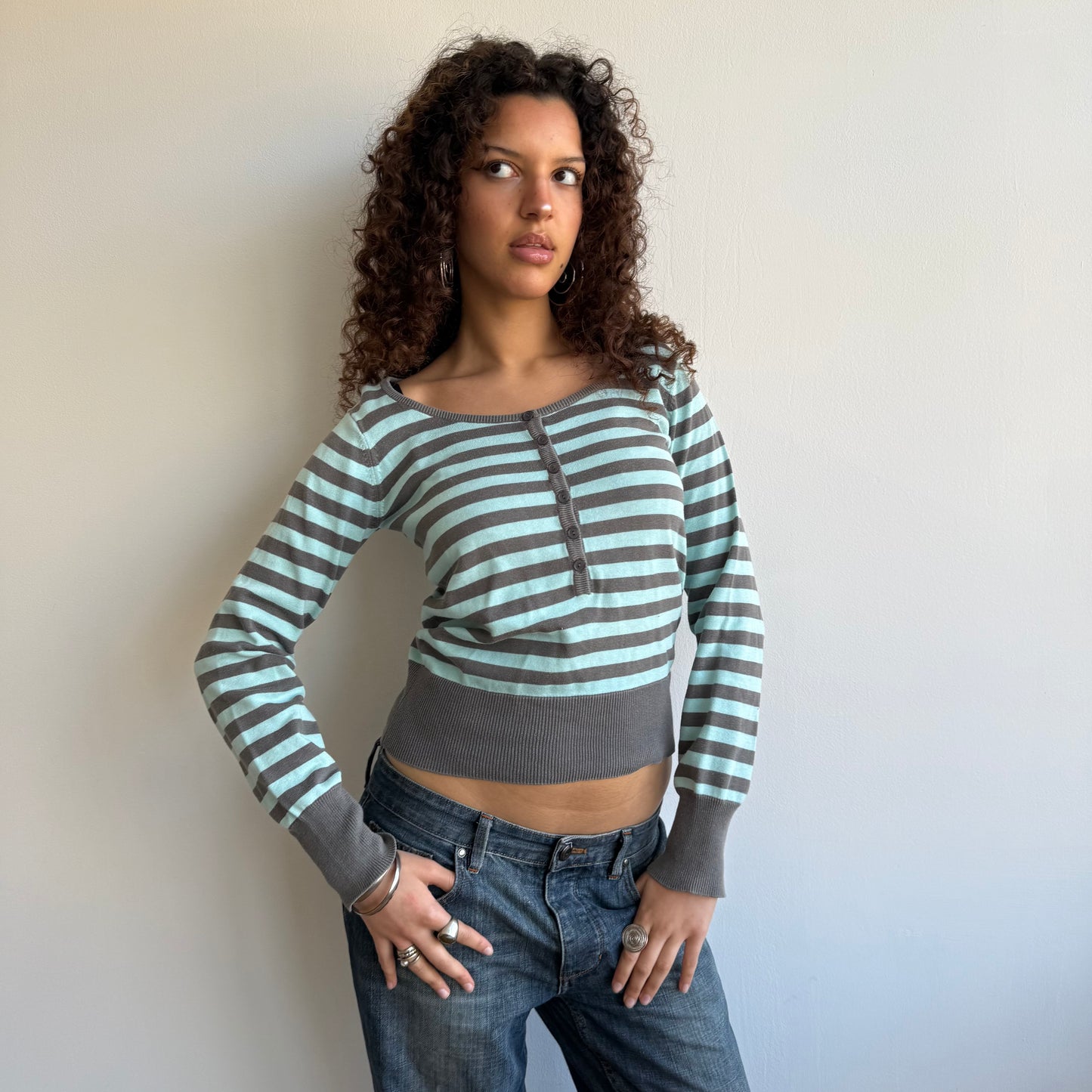 Turquoise + grey striped knit- Size S