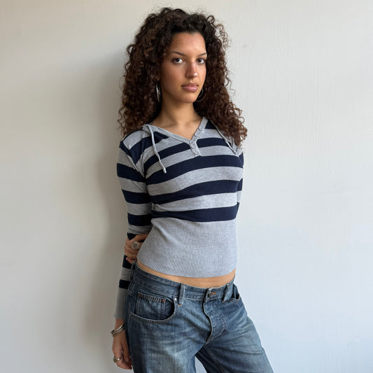 Navy and grey striped hoodie - Size S