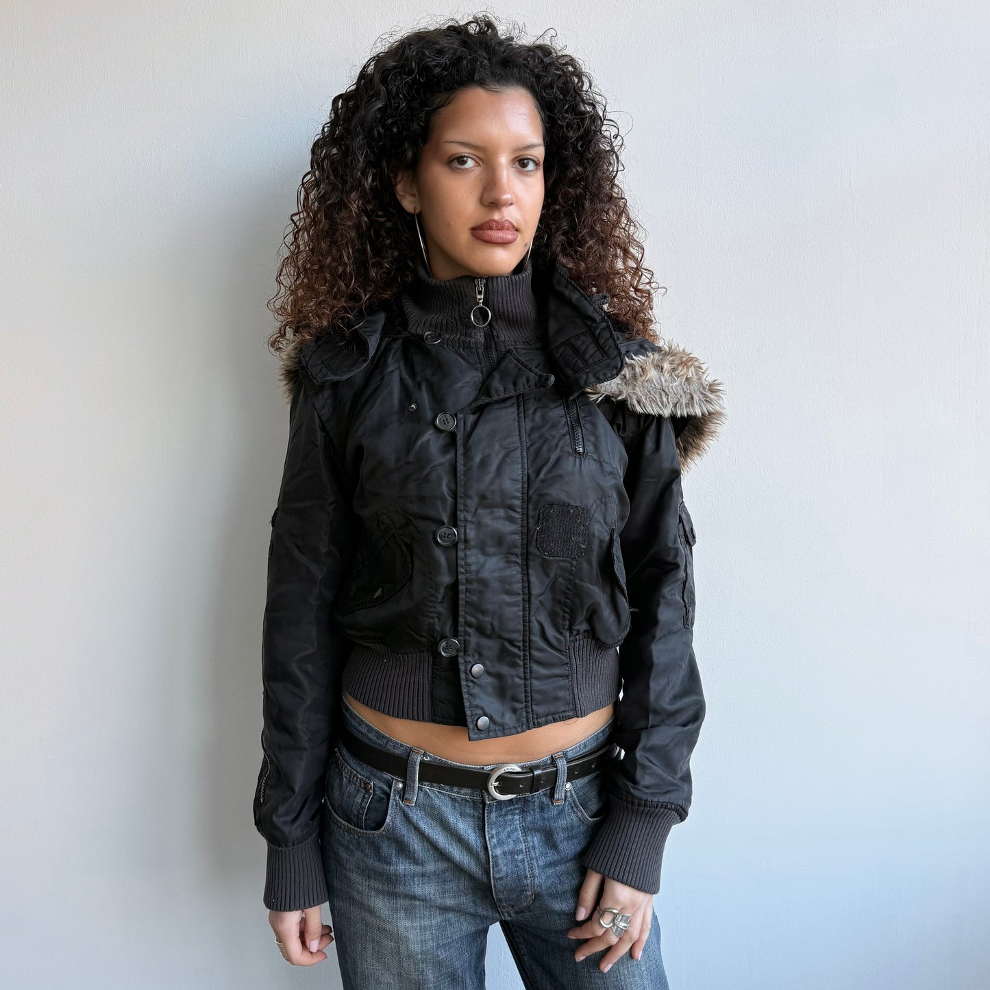 Black faux fur hood bomber - Size M
