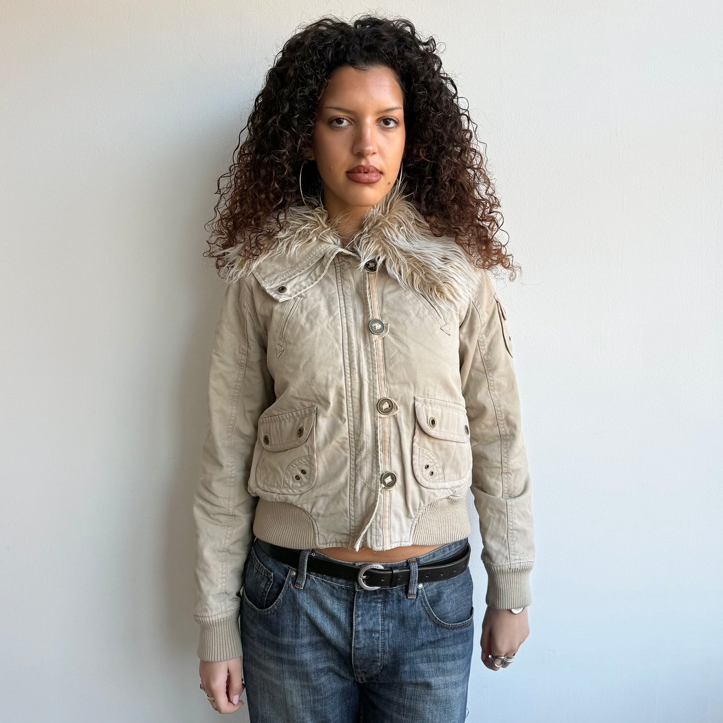 Beige fur collar bomber - Size M