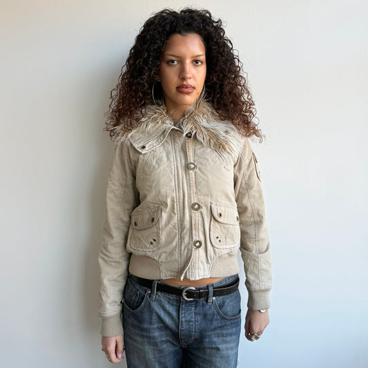Beige fur collar bomber - Size M