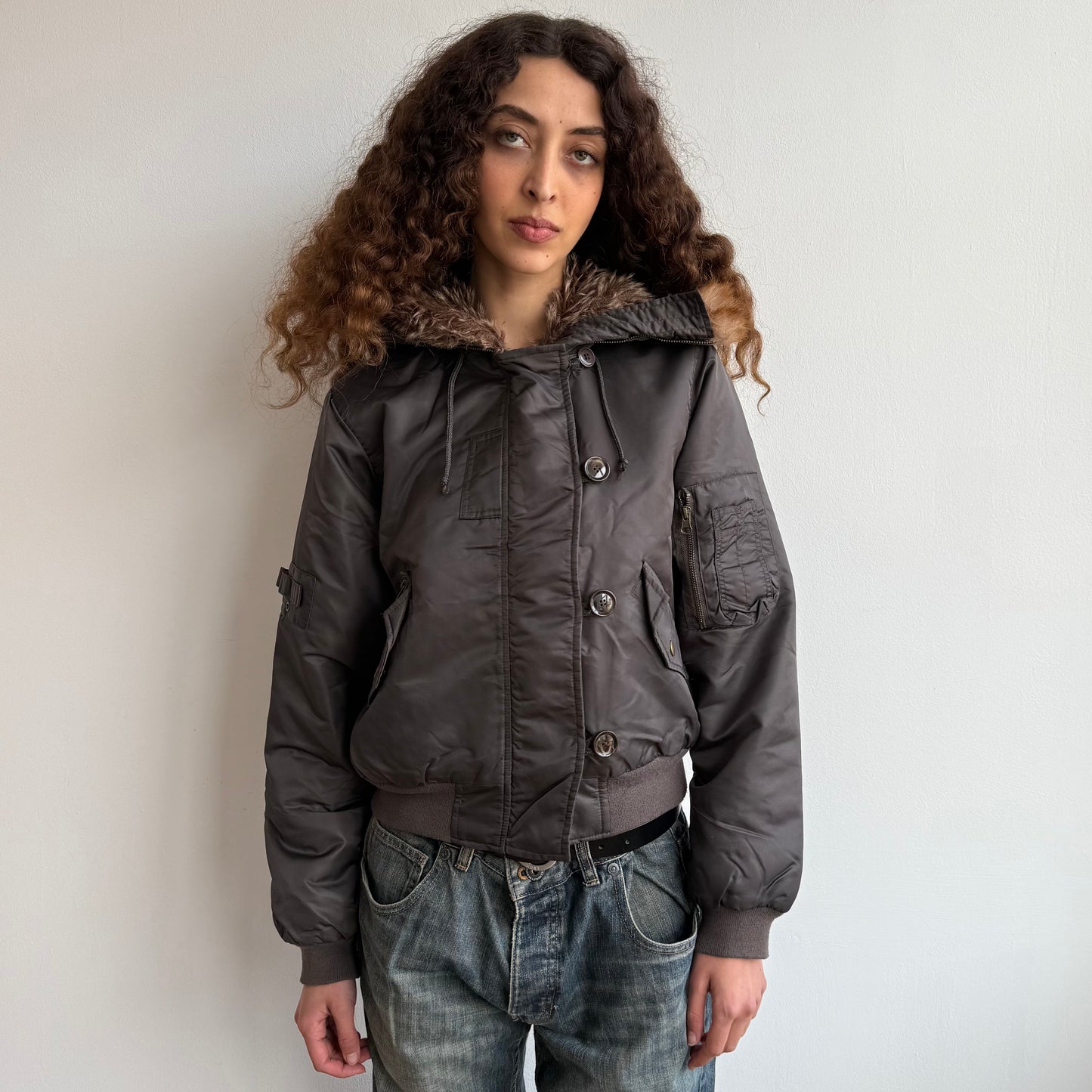 Brown faux fur hood bomber - Size M