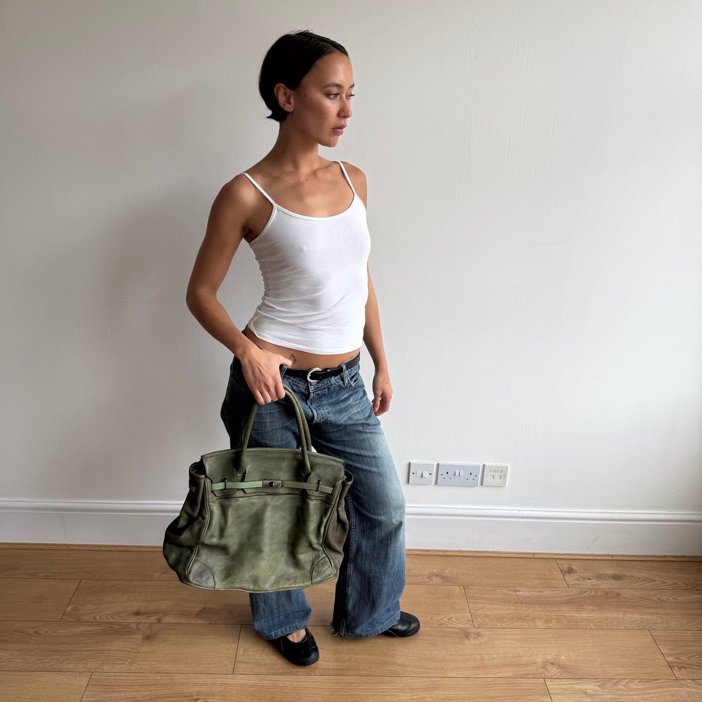 Moss green leather ‘firkin’ bag - One Size