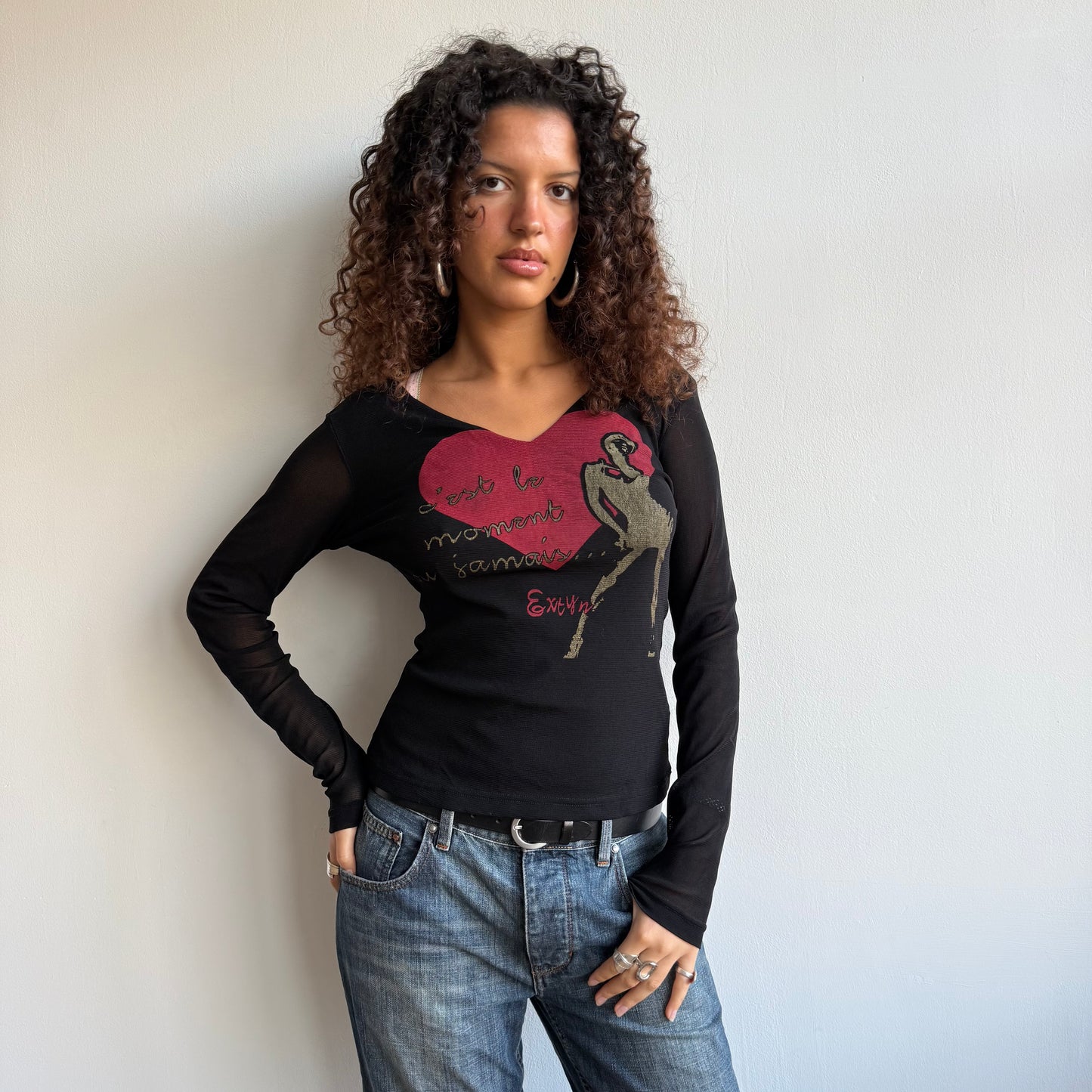 Black graphic mesh long sleeve top - Size S/M