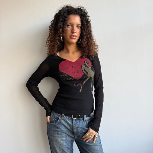 Black graphic mesh long sleeve top - Size S/M