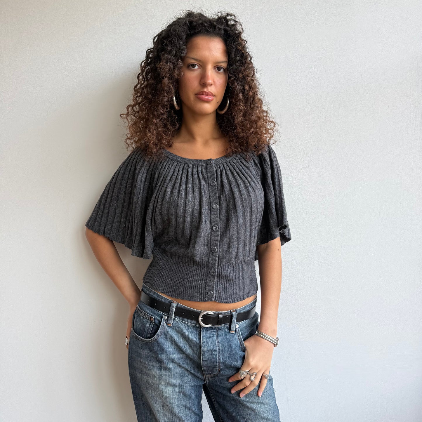 Dark grey button batwing knit - Size S/M