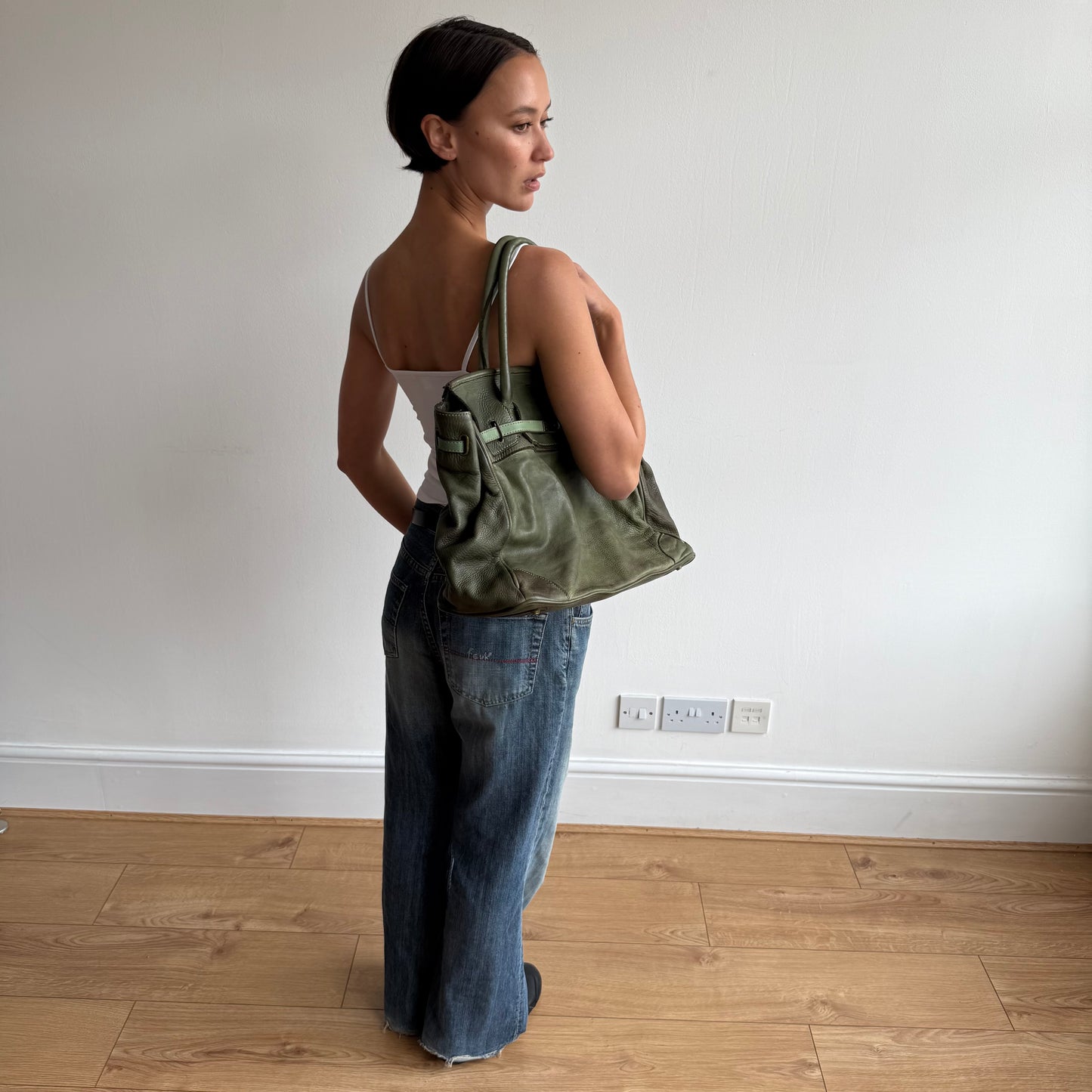 Moss green leather ‘firkin’ bag - One Size