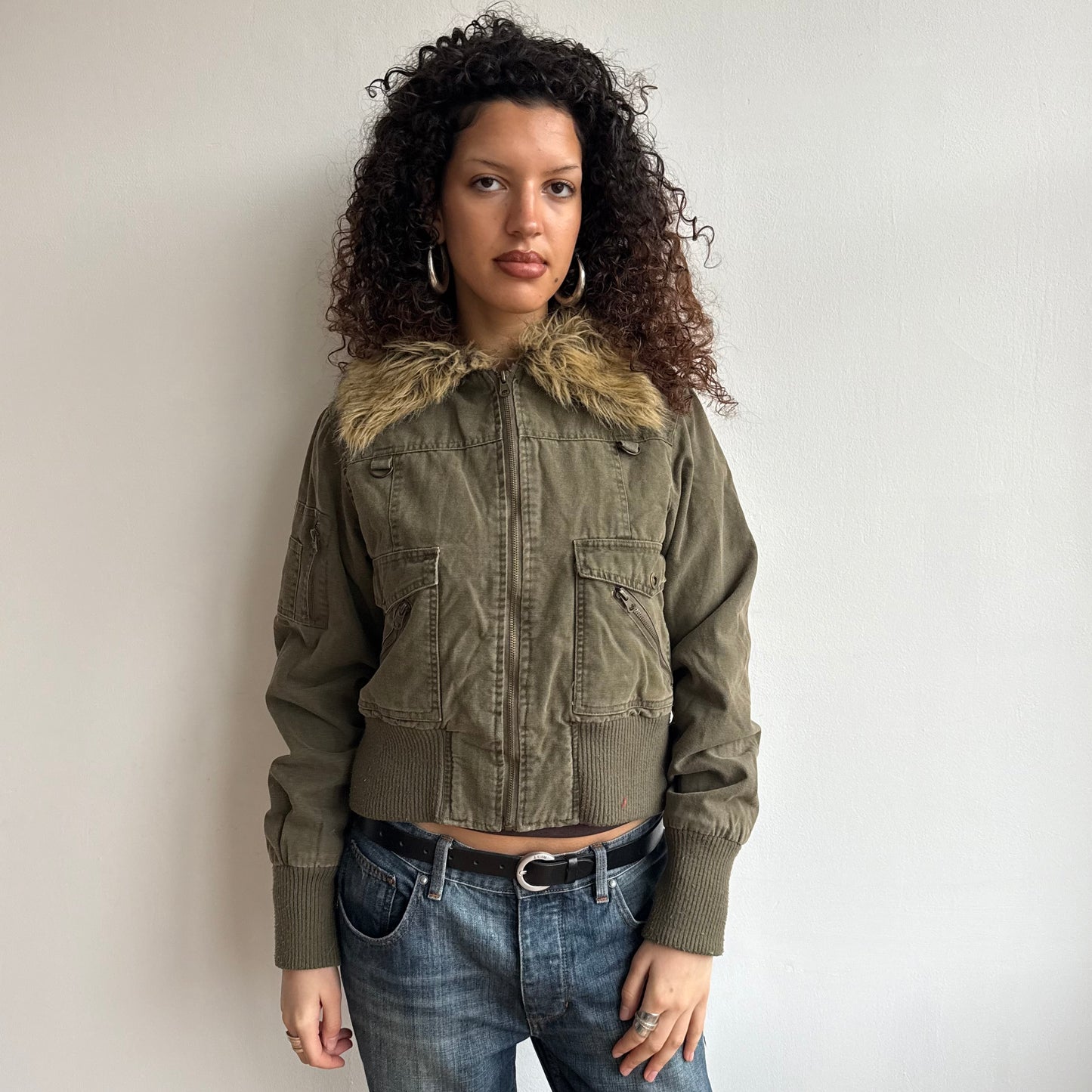 Khaki faux fur collar bomber - Size M