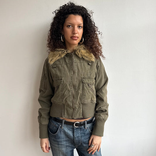 Khaki faux fur collar bomber - Size M