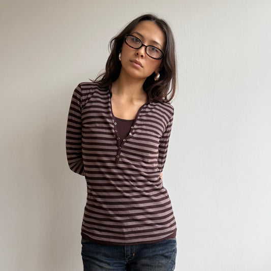 Brown stripe collar top - Size S