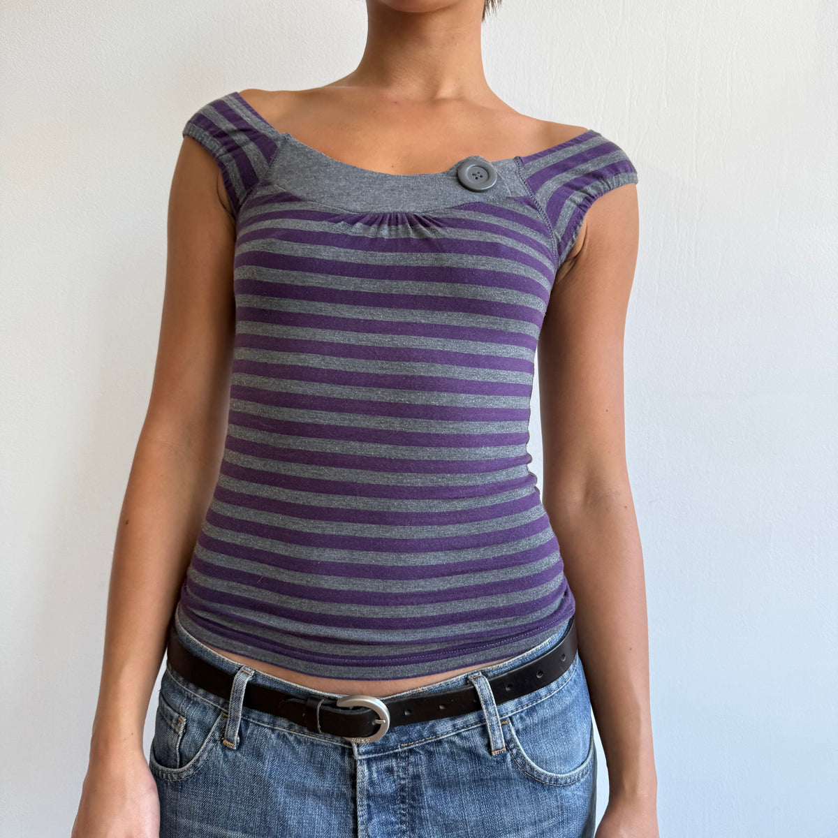 Purple + grey striped button top - Size XS