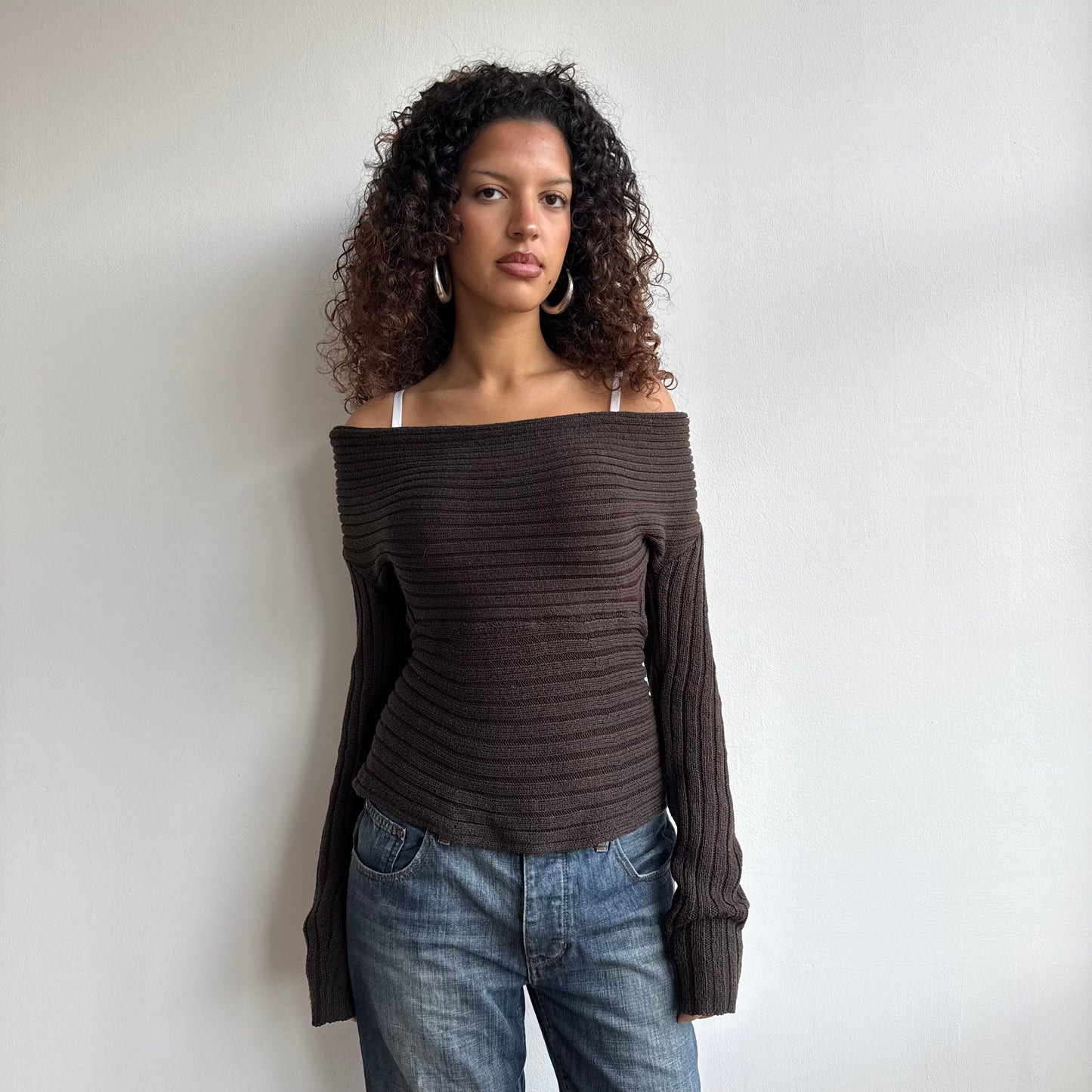 Brown chunky knit Bardot jumper - Size M