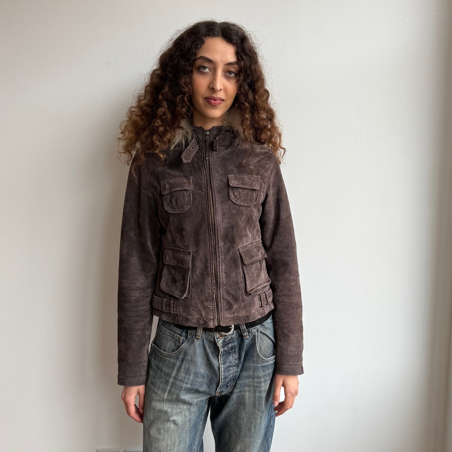 Brown suede fur hood bomber - Size S