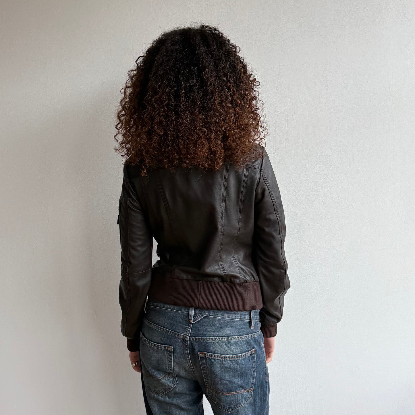 Brown asymmetric zip leather jacket - Size S