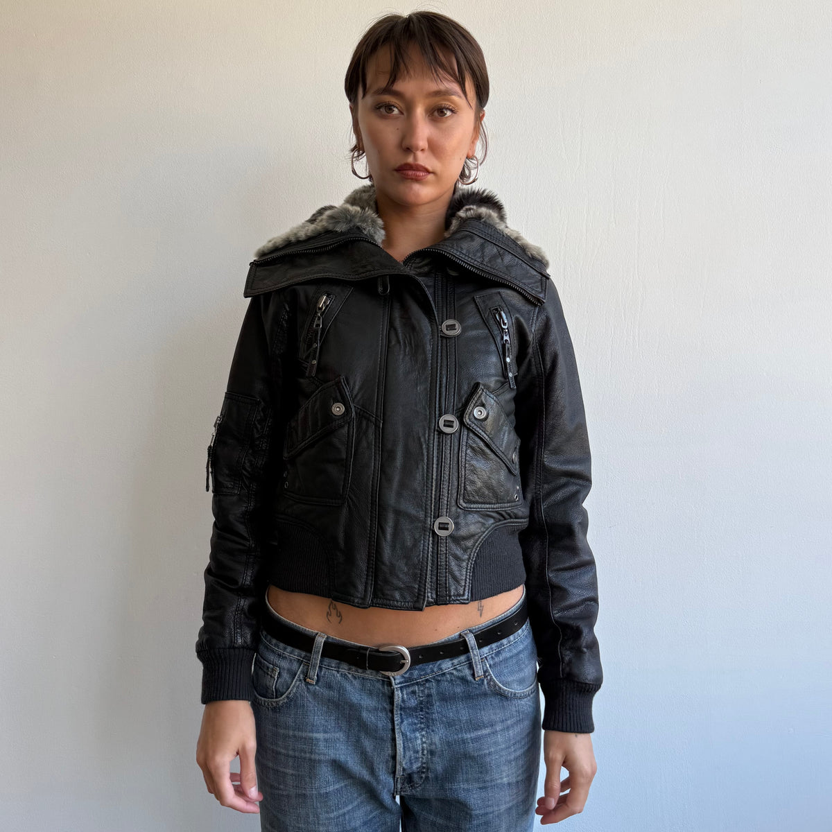Black leather fur collar bomber - Size S/M