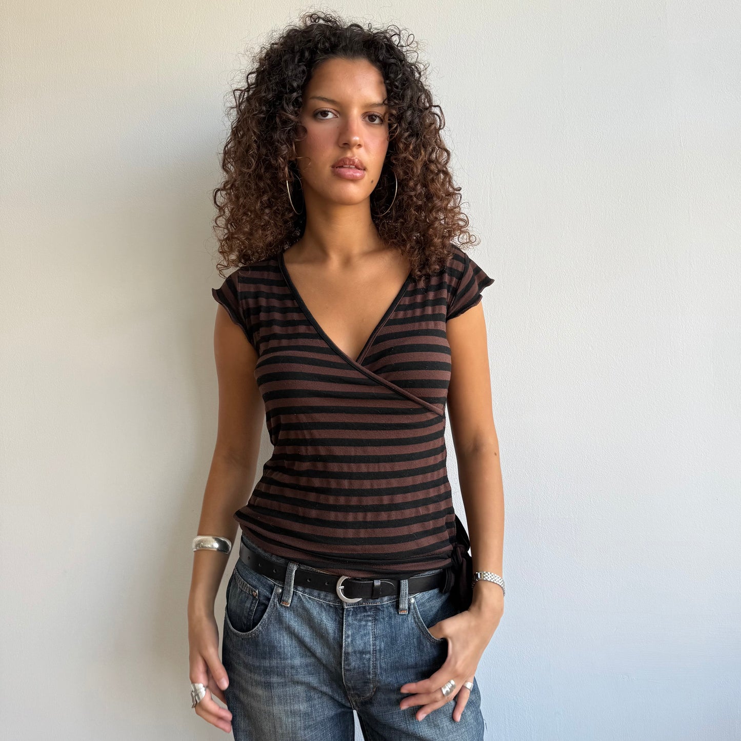 Brown + black stripe wrap top - Size M