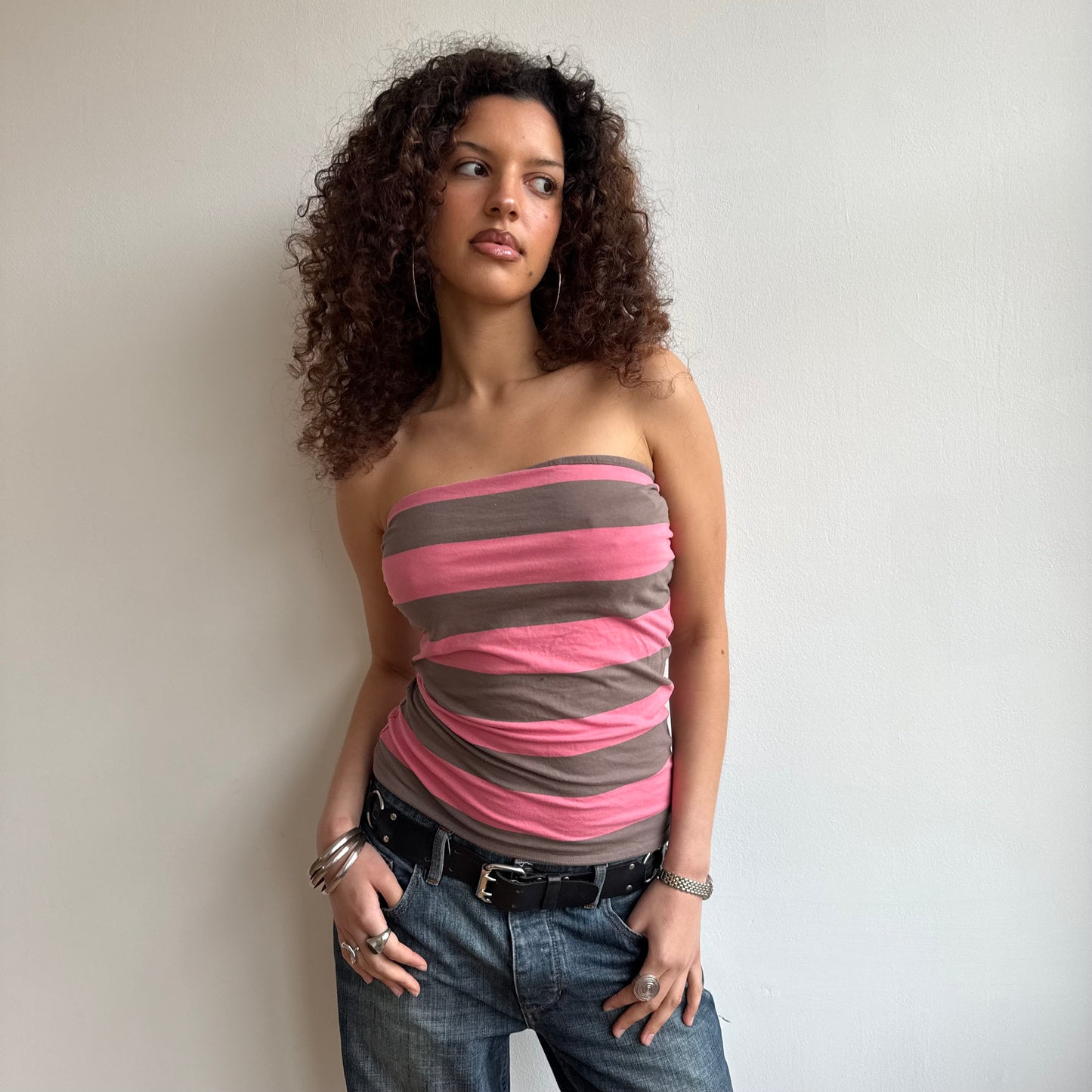 Pink + grey striped bandeau - Size M