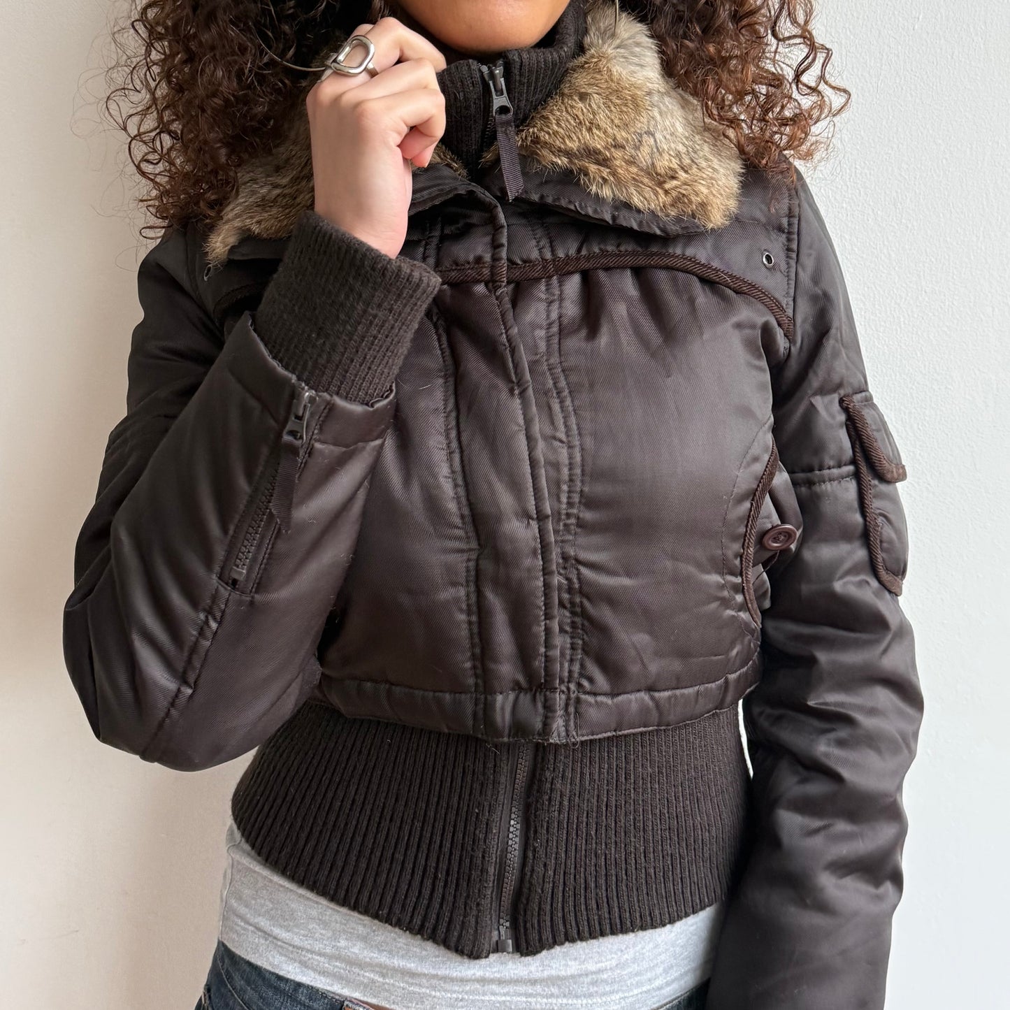 Brown fur collar puffer jacket - Size S