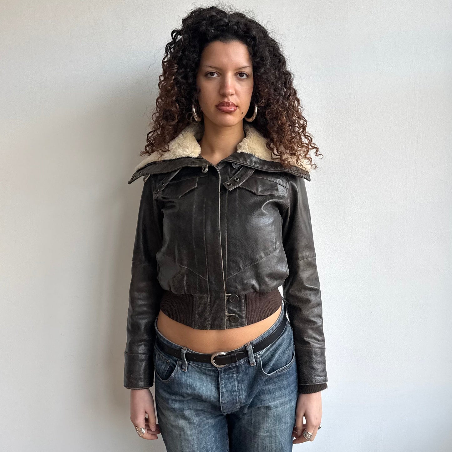 Brown leather fur collar aviator bomber - Size XS