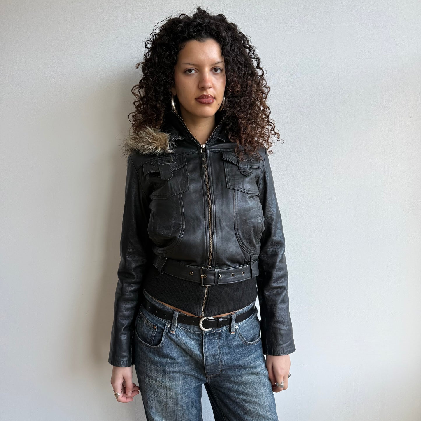 Black leather buckle belt fur trim bomber - Size M