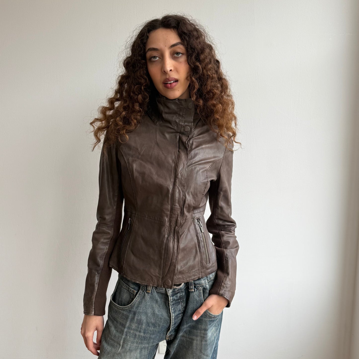 Brown leather asymmetric jacket - Size S