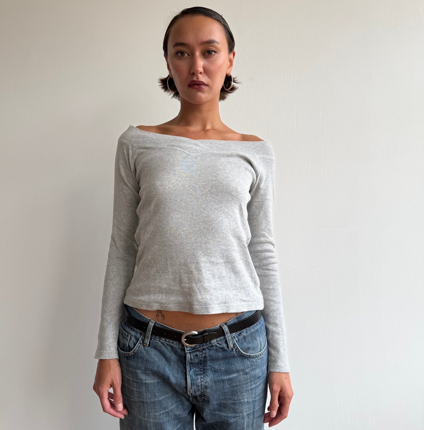 Grey long sleeve Bardot top - Size M