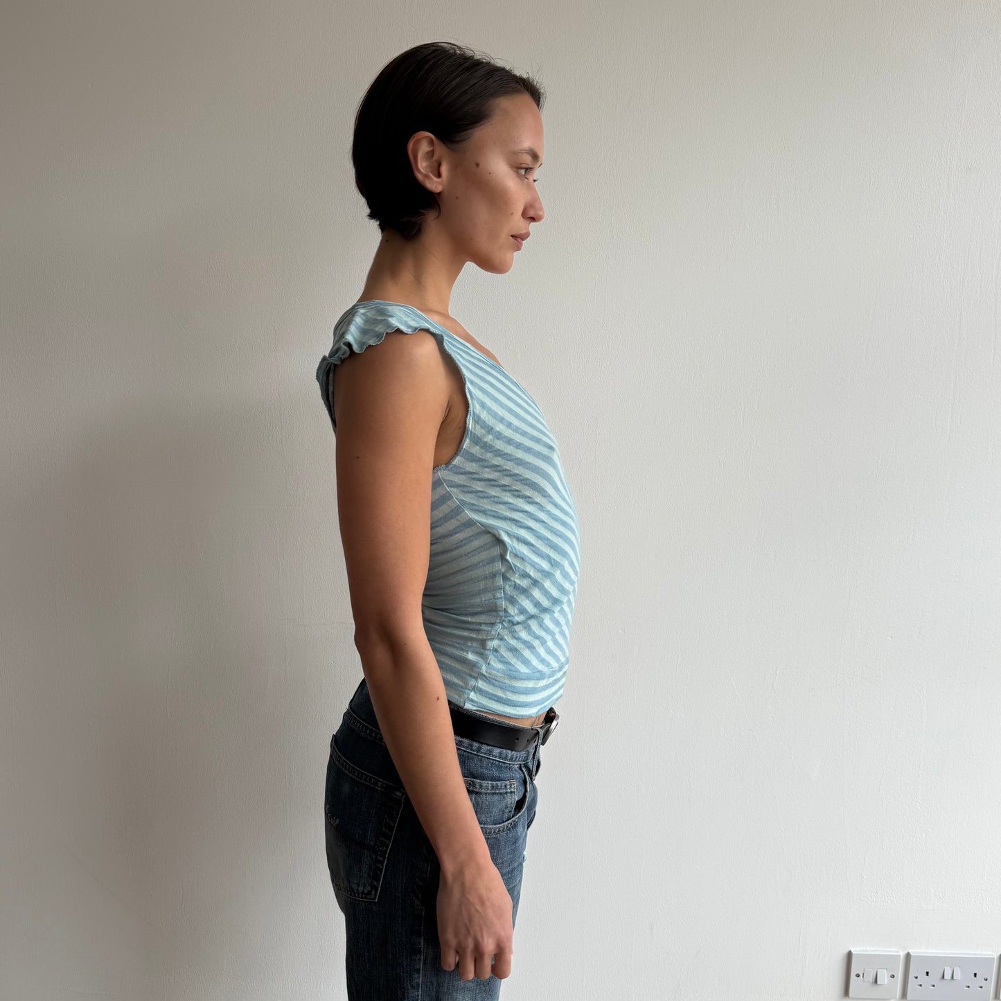 Teal striped ballet wrap top - Size M