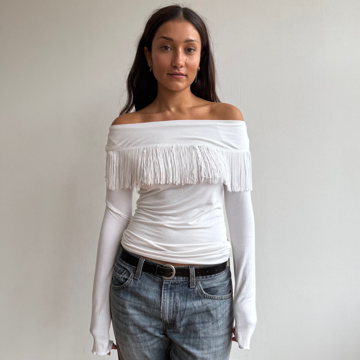 White fringe Bardot top - Size S-M