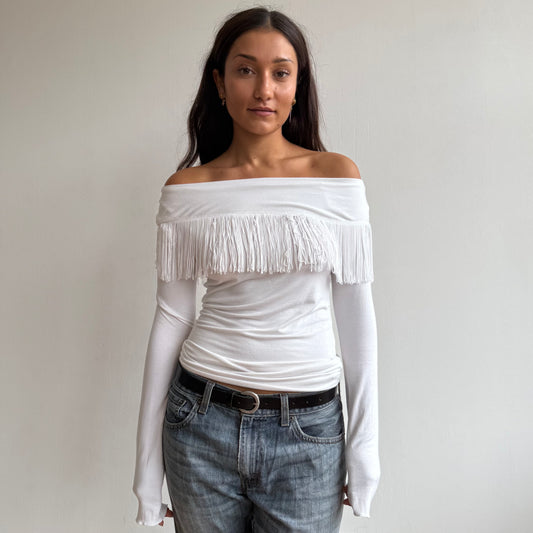 White fringe Bardot top - Size S-M