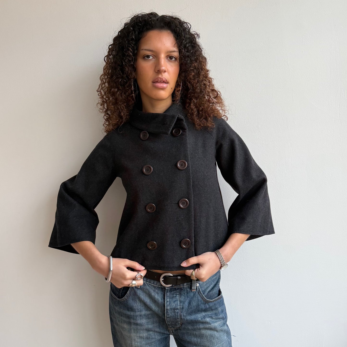 Charcoal 3/4 sleeve swing peacoat - Size S