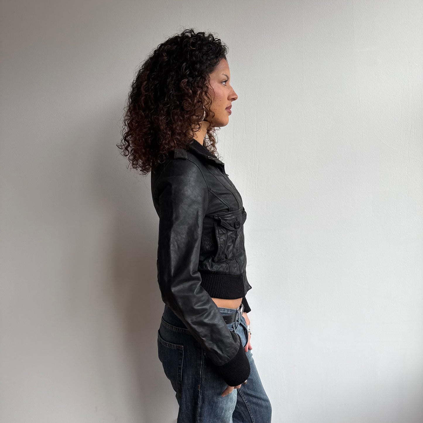 Black leather cargo jacket - Size S/M