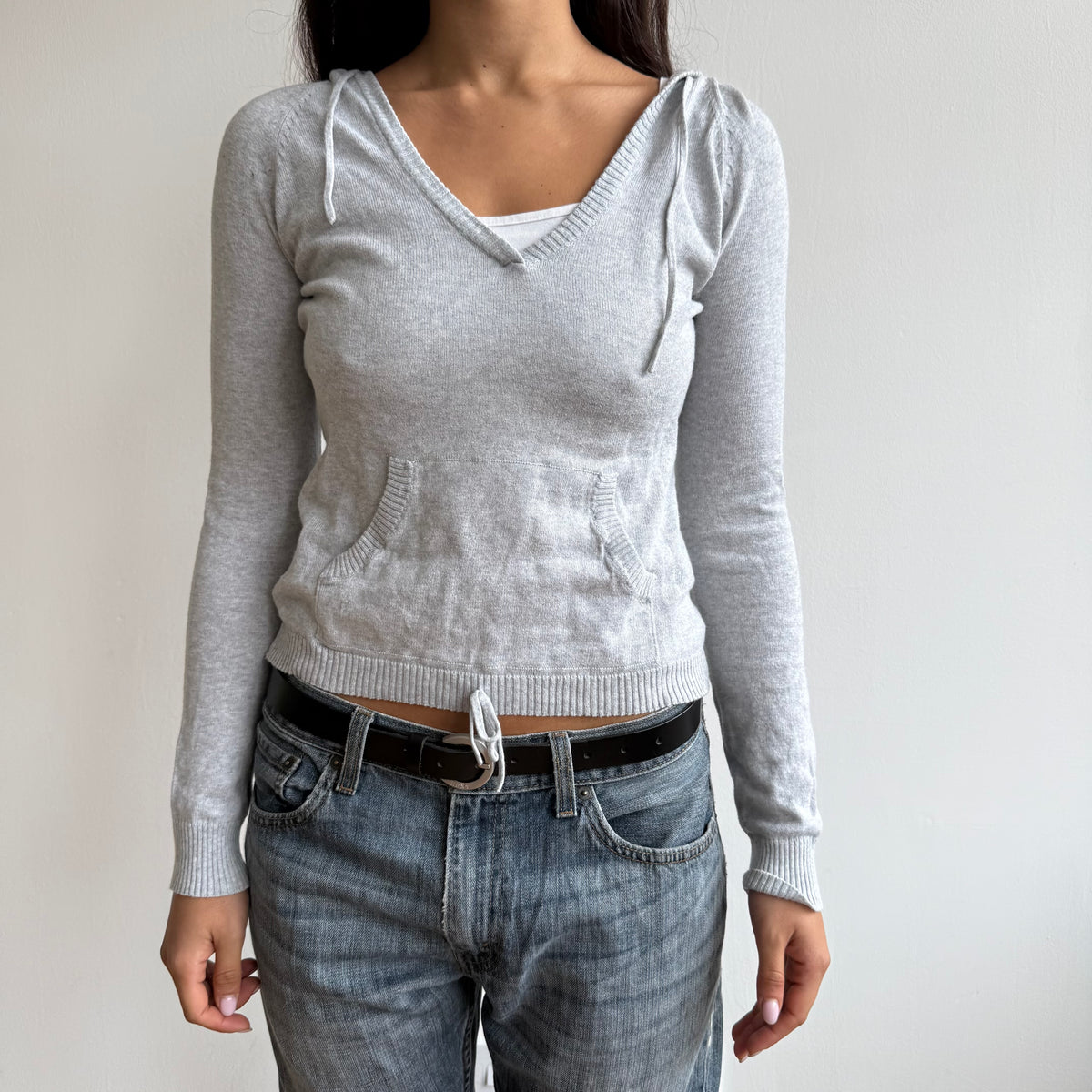 Grey v-neck tie waist hoodie - Size S