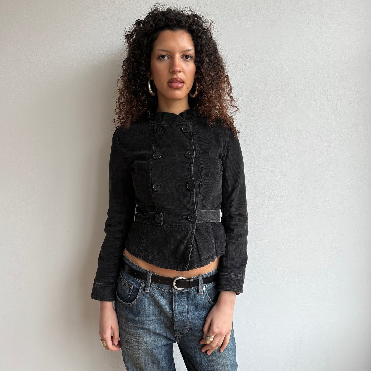 Black corduroy ruffle peacoat - Size S