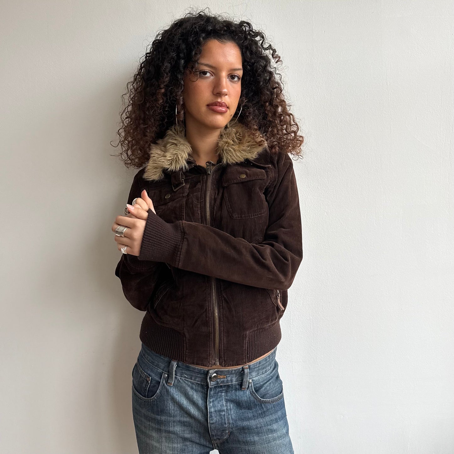 Brown cord fur collar bomber - Size M