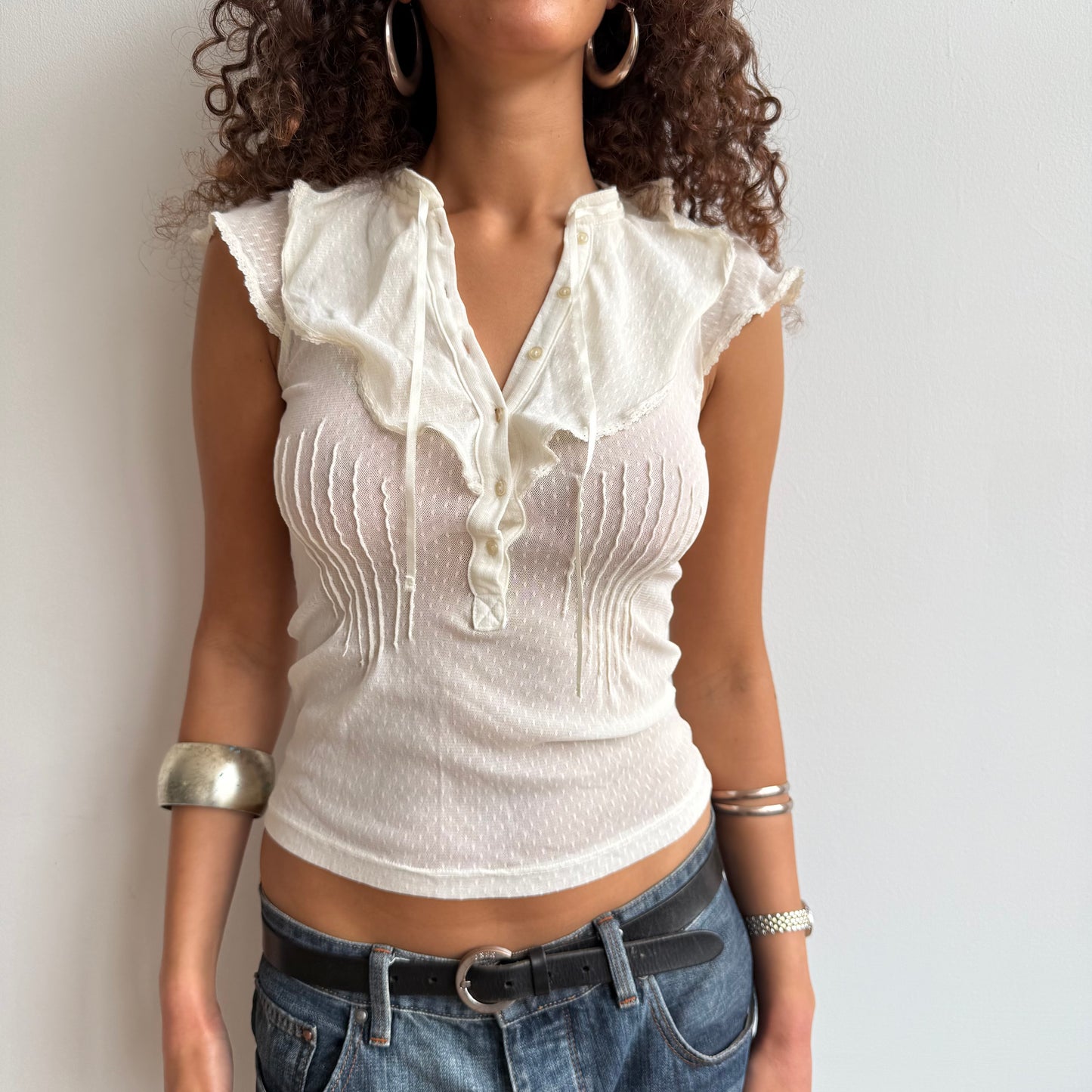 Cream polka dot ruffle top - Size S