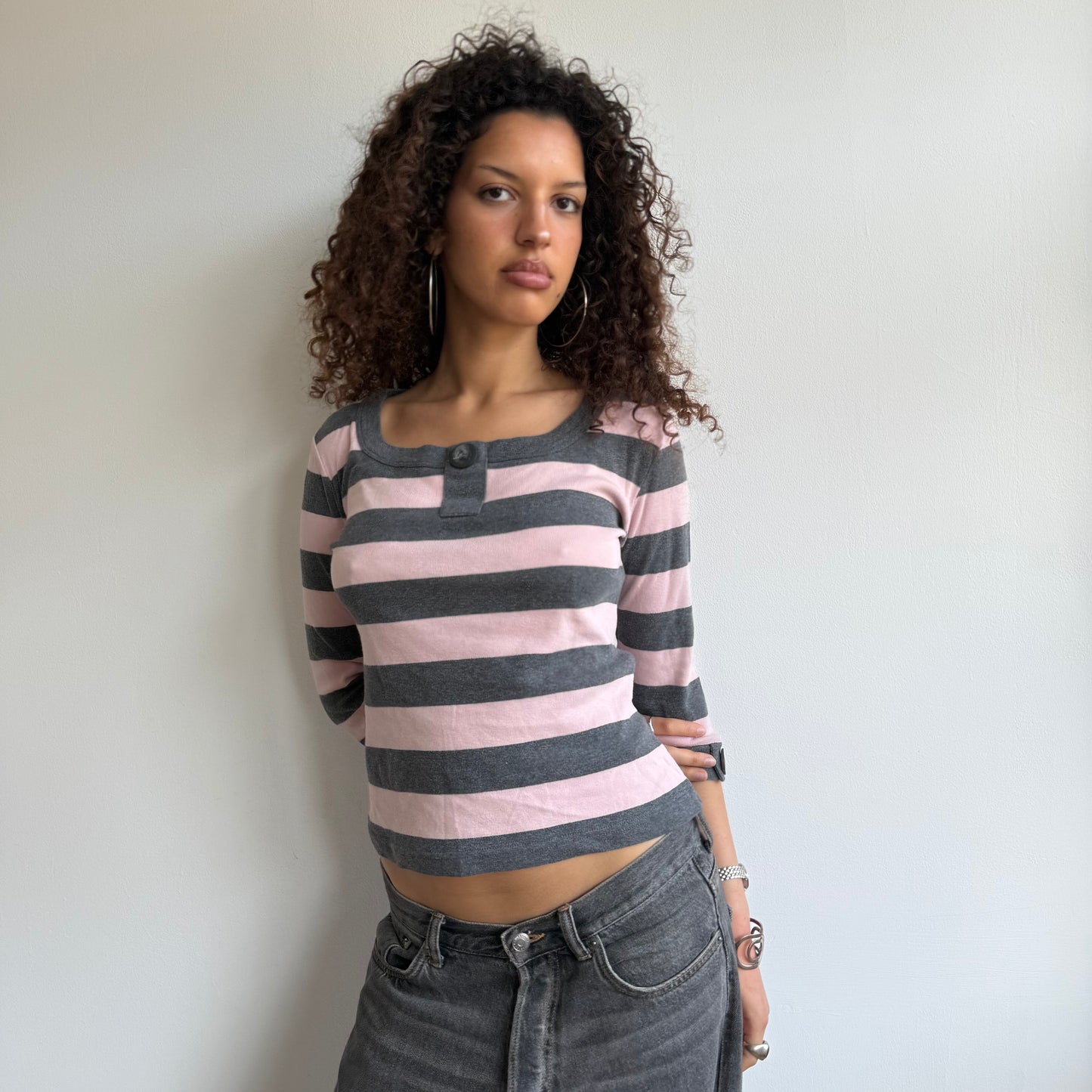 Grey + pink striped top - Size M