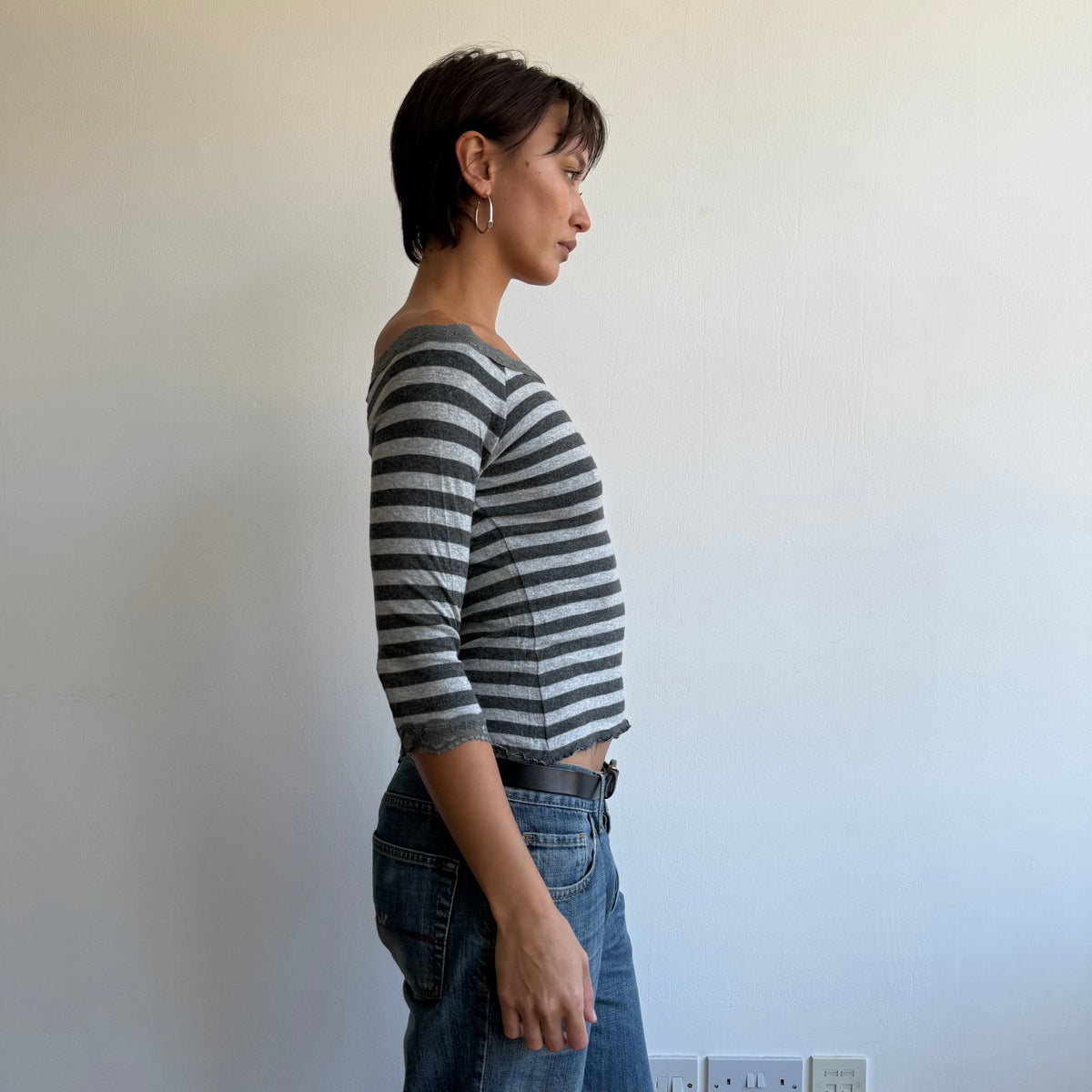 Grey striped lace 3/4 sleeve top - Size S