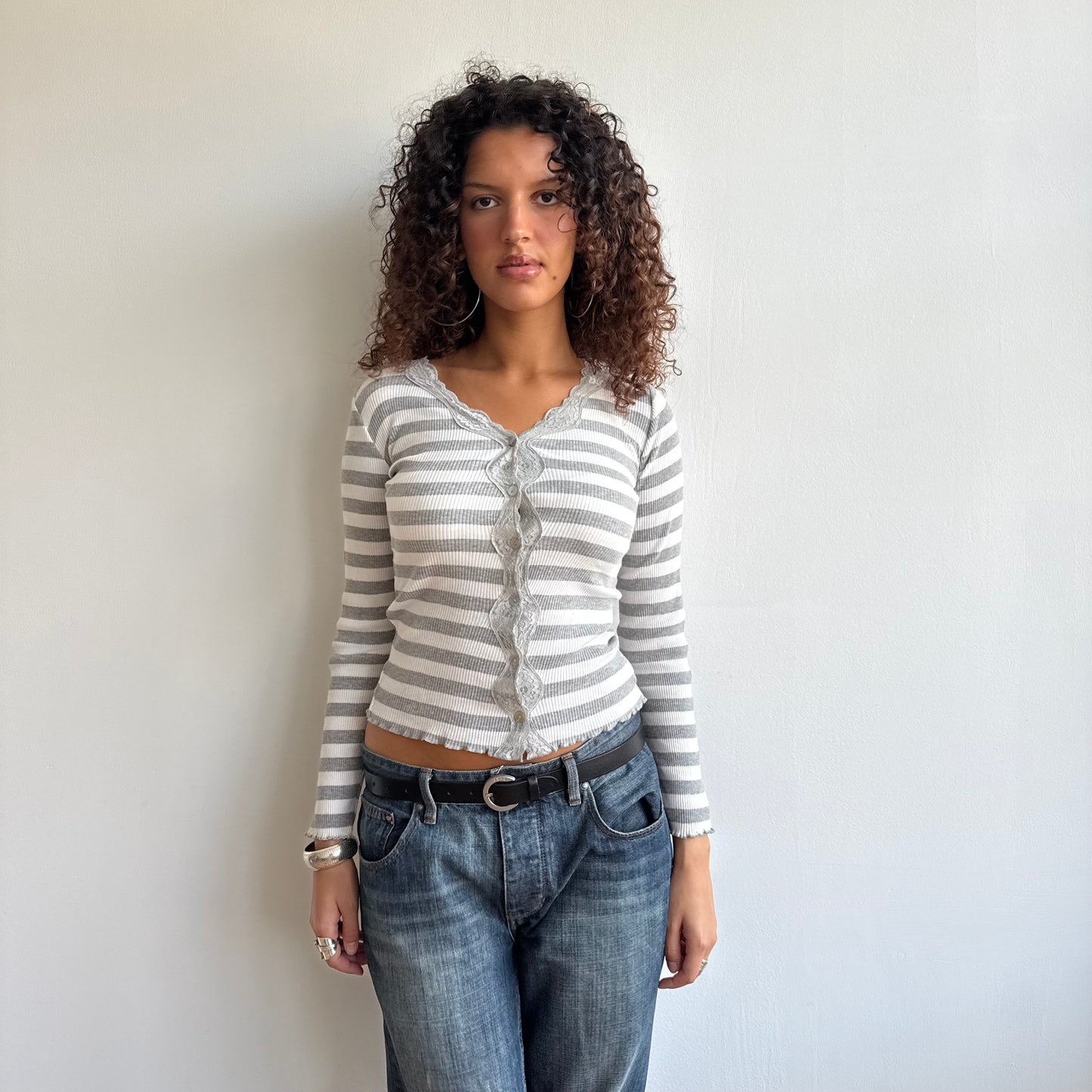 Grey + white stripe cardi - Size S