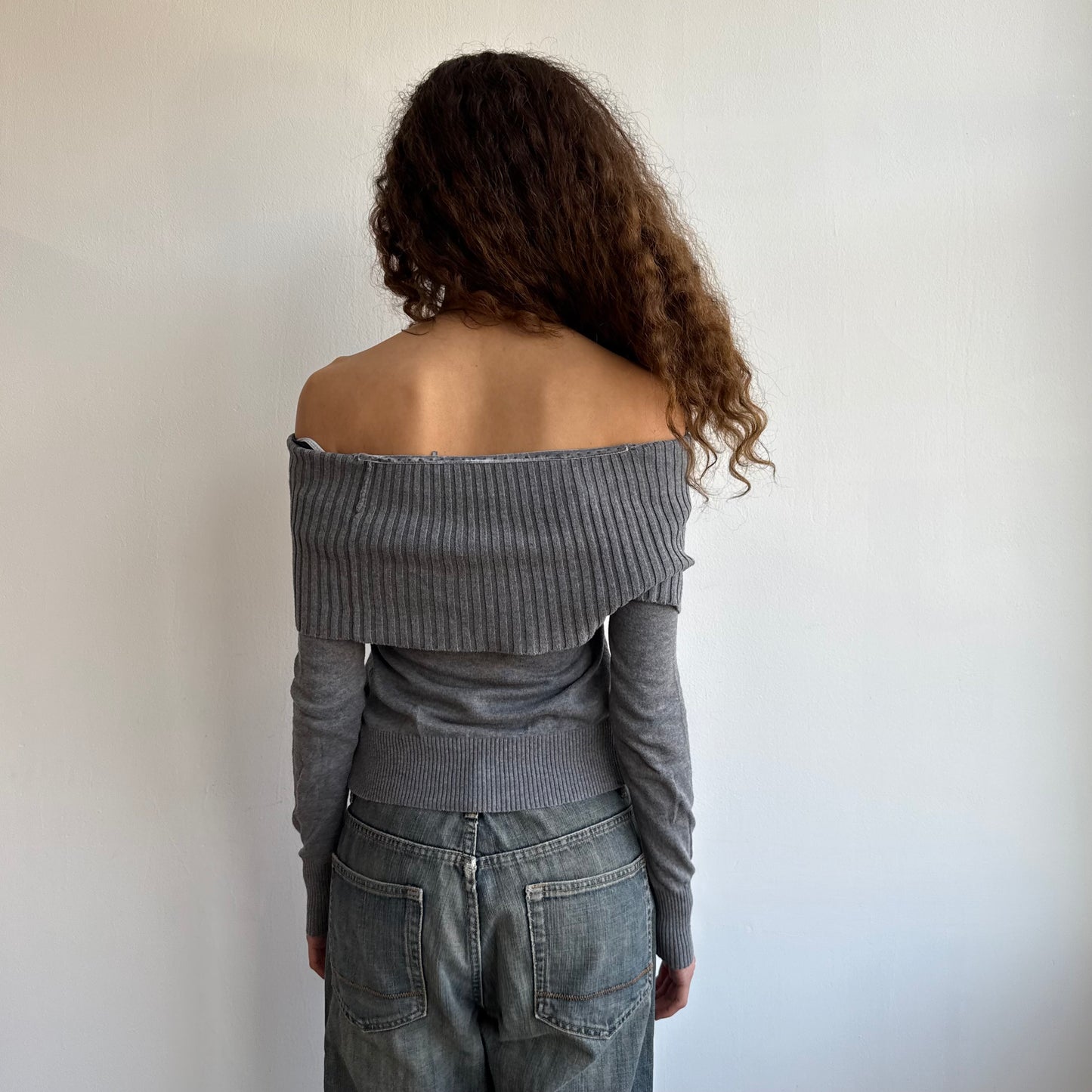 Grey bardot button knit jumper - Size S